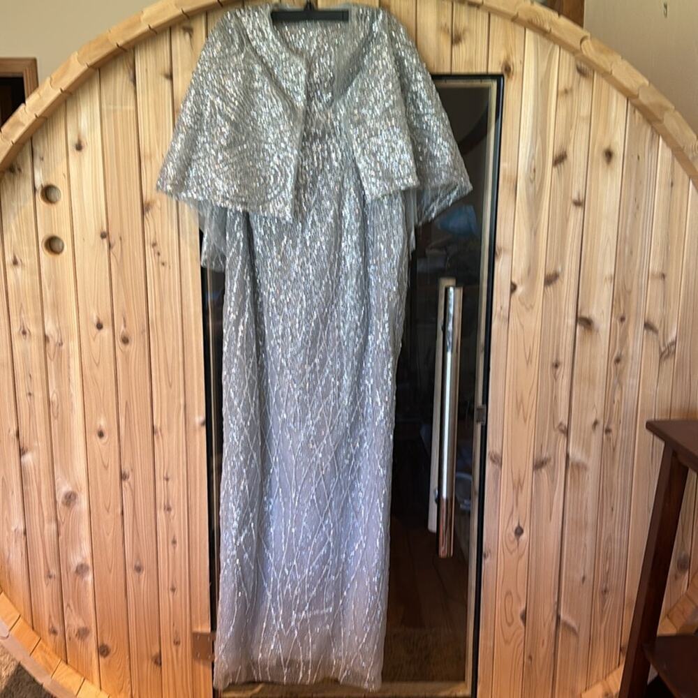 Marchesa Notte Strapless Beaded Glitter Maxi Column Gown w Caplet silver NEW - Picture 4 of 15